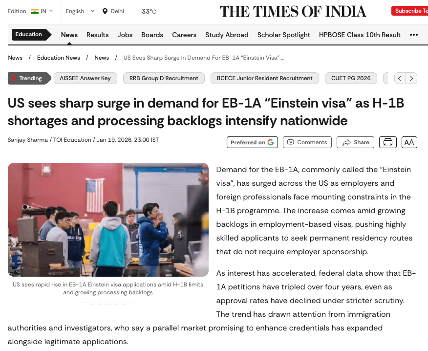 Screenshot of The Times of India article