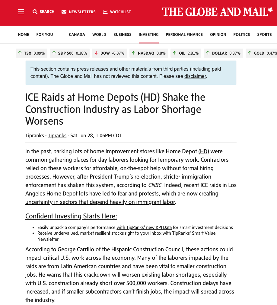 Screenshot of The Globe and Mail article