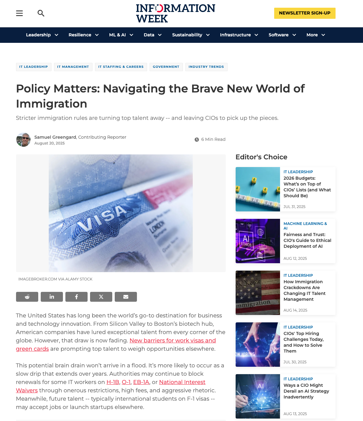 Screenshot of Information Week article