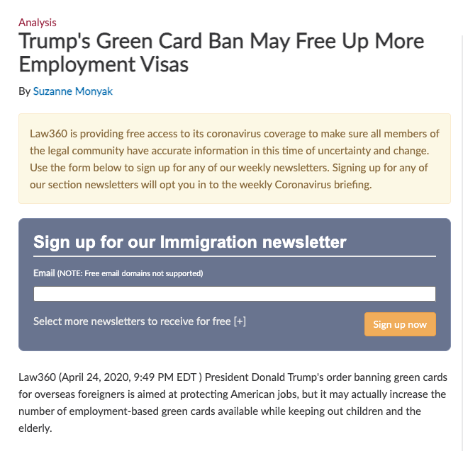 Screenshot of Law360 article
