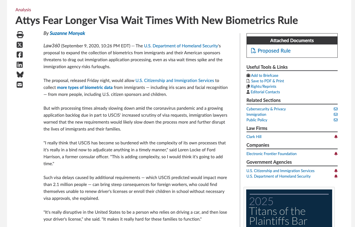 Screenshot of Law360 article