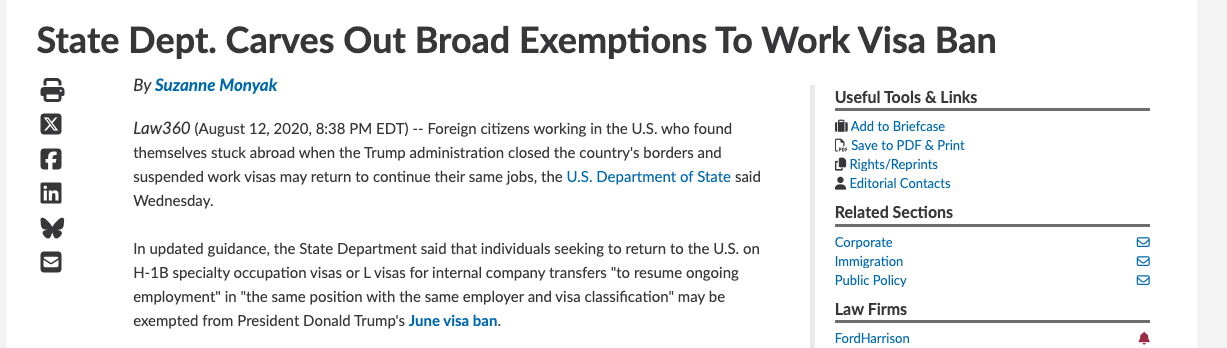 Screenshot of Law360 article