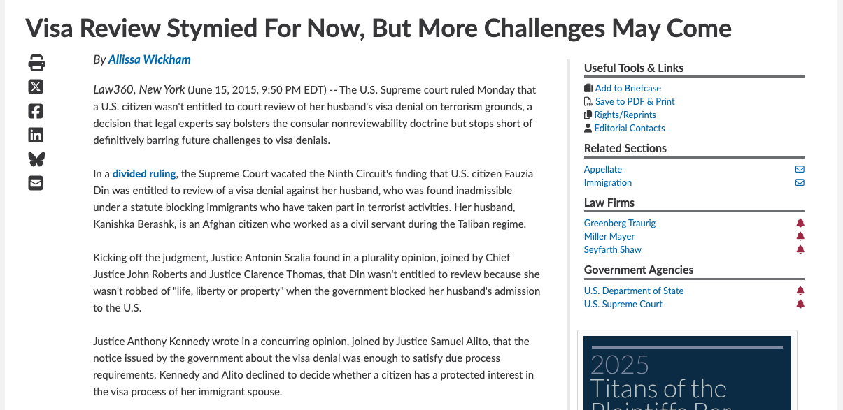 Screenshot of Law360 article