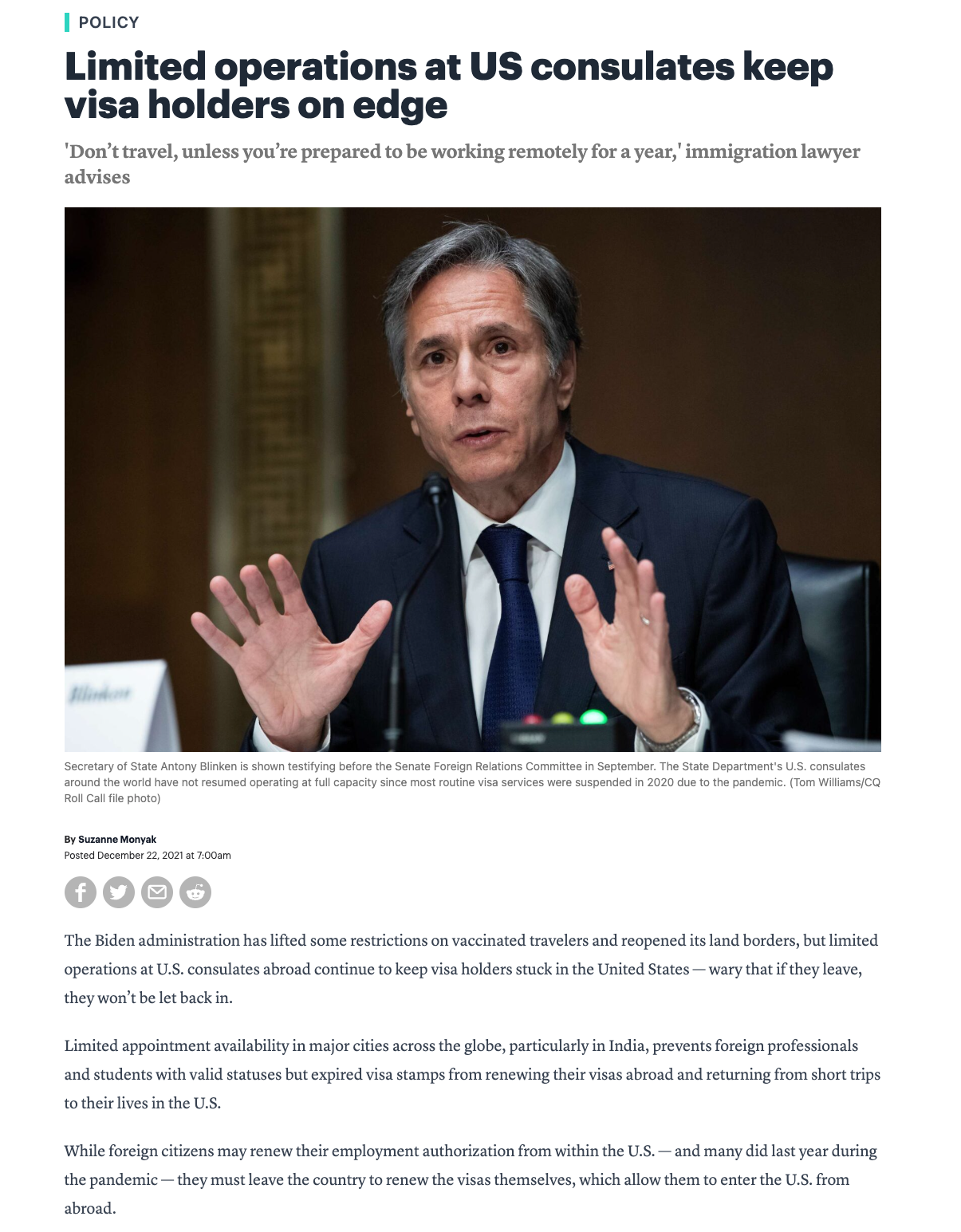 Screenshot of Roll Call article