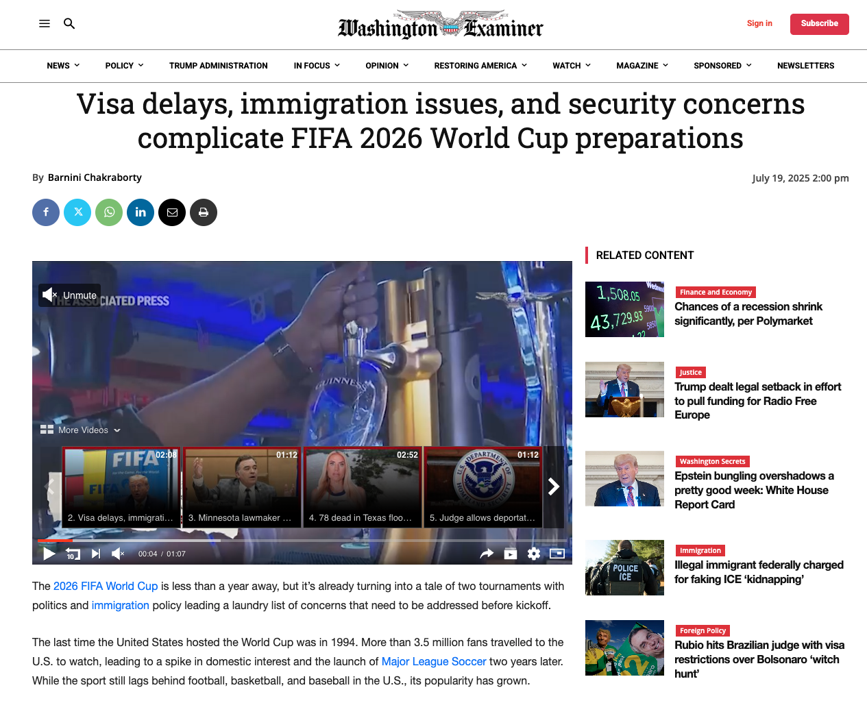 Screenshot of Washington Examiner article